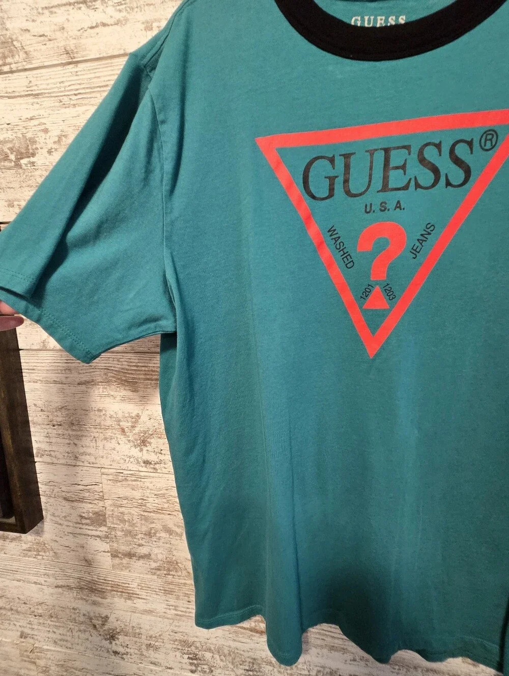 GUESS Teal Logo Ringer Tee with Black Collar - Picture 5 of 5